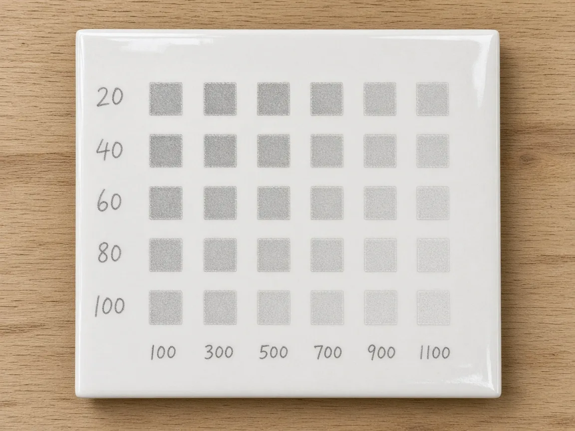 Ceramic tile with a laser power and speed test grid