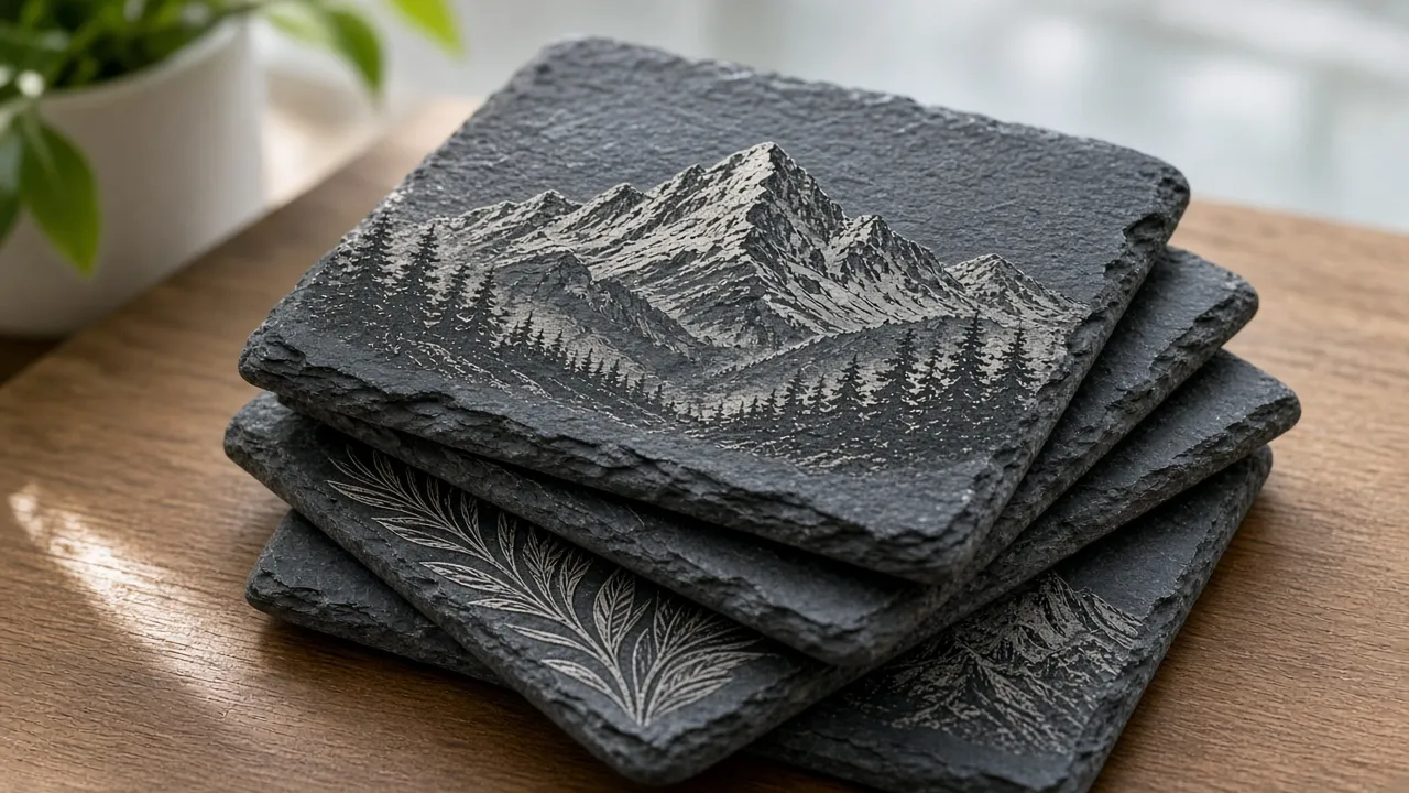 Stack of finished laser-engraved slate coasters with mountain and leaf designs