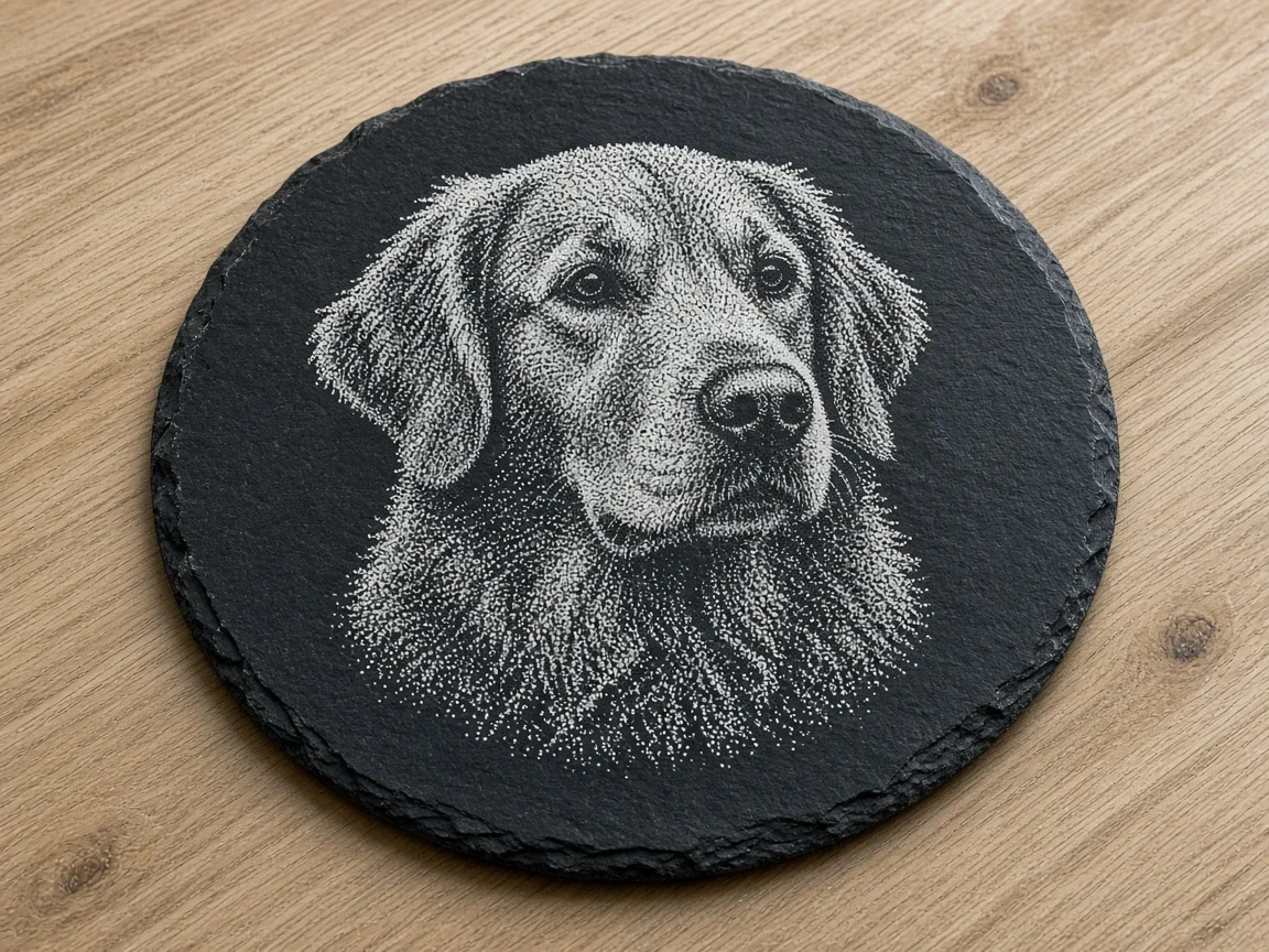 Dithered dog portrait engraved on a black slate coaster