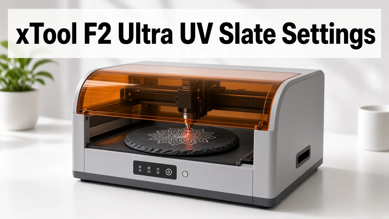 Desktop UV laser engraver marking a black slate coaster with the title xTool F2 Ultra UV Slate Settings